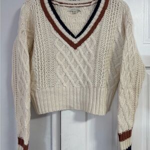 American Eagle Outfitters Cream Cable V-Neck Sweater with Navy & Rust Trim